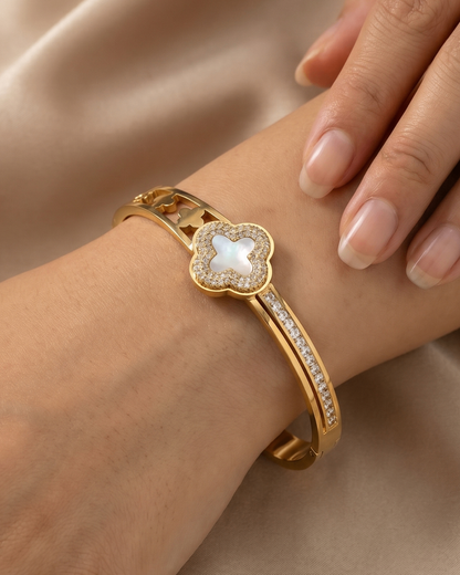 Golden Clover Luxe Zircon Bracelet | Stainless Steel Gold Plated | Women Anti-tarnish bracelet | Kada Bracelet