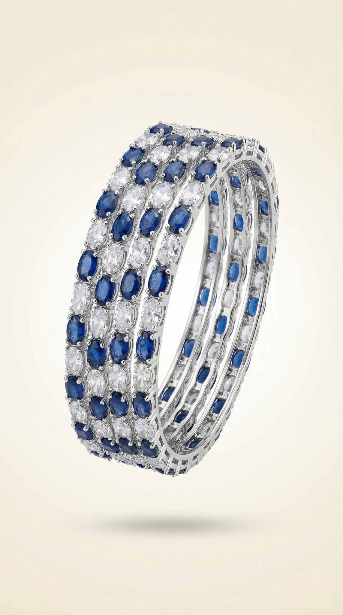 Rhodium Plated Blue Sapphire Cubic Zirconia Bangle Set of 4 | American Diamond