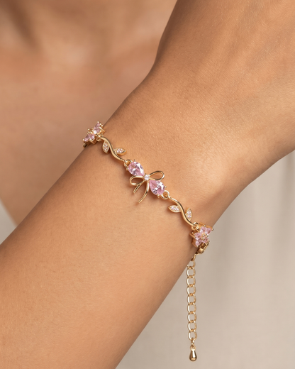 Gold Plated Pink Floral Stone Bracelet with Leaf Design | Premium Quality | Cubic Zirconia