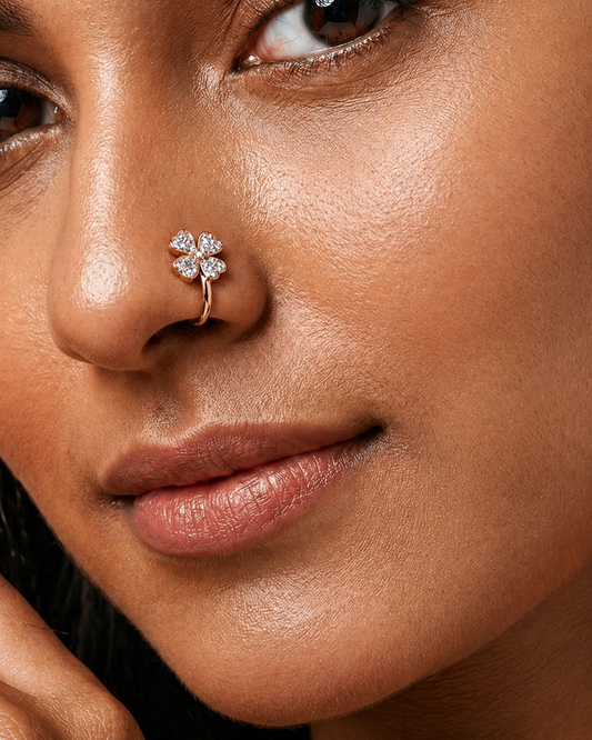 Floral Diamond Nose Ring in Gold Plated (set of 2) | Clip on Pressing nose ring | Premium Quality