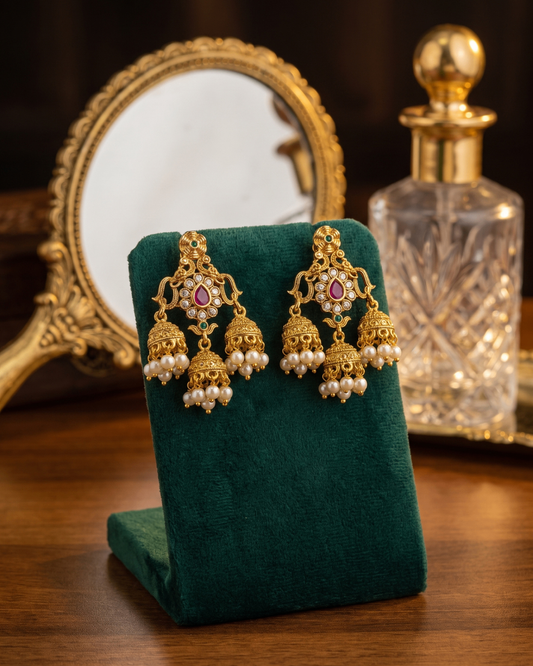 Traditional Gold-Tone Jhumka Earrings with Ruby, Green Stones & Pearl Drops