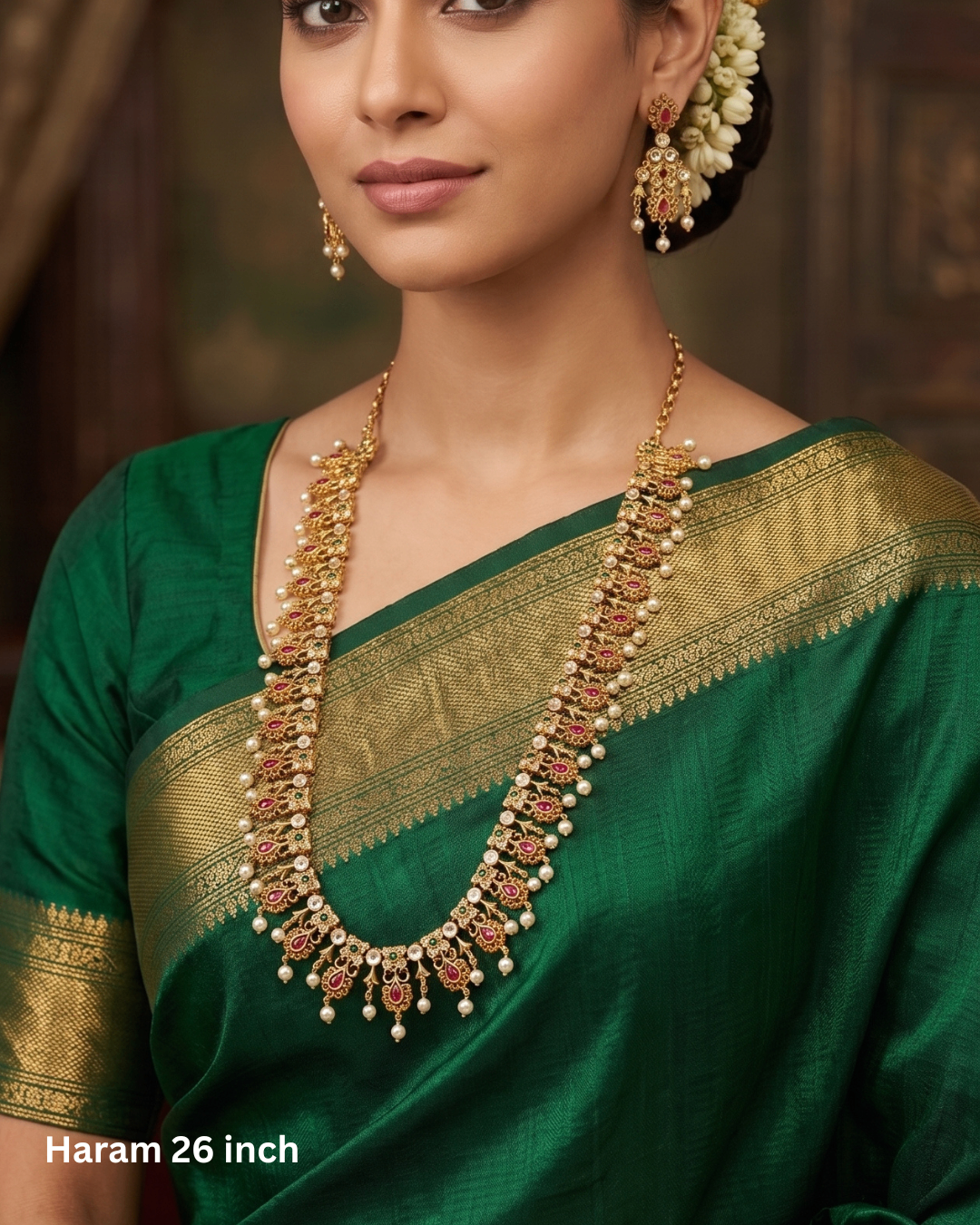 Regal Ruby Pearl Long Haram Set with American Diamond & Emerald Accents – Premium Traditional Bridal Necklace