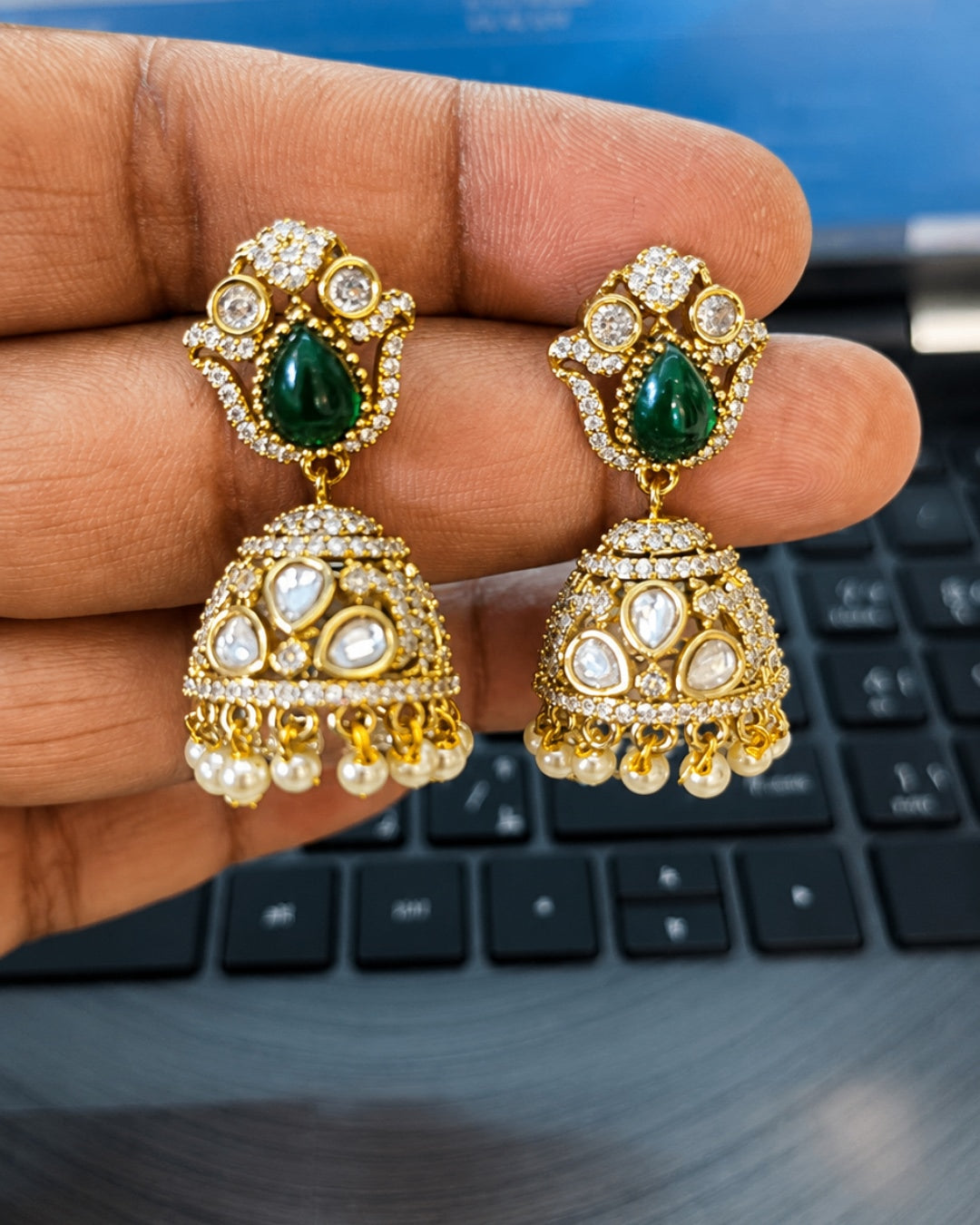 Premium Kundan Jhumka Earrings with Ruby Stone, CZ & Pearl Drops | Gold-Plated Ethnic Earrings