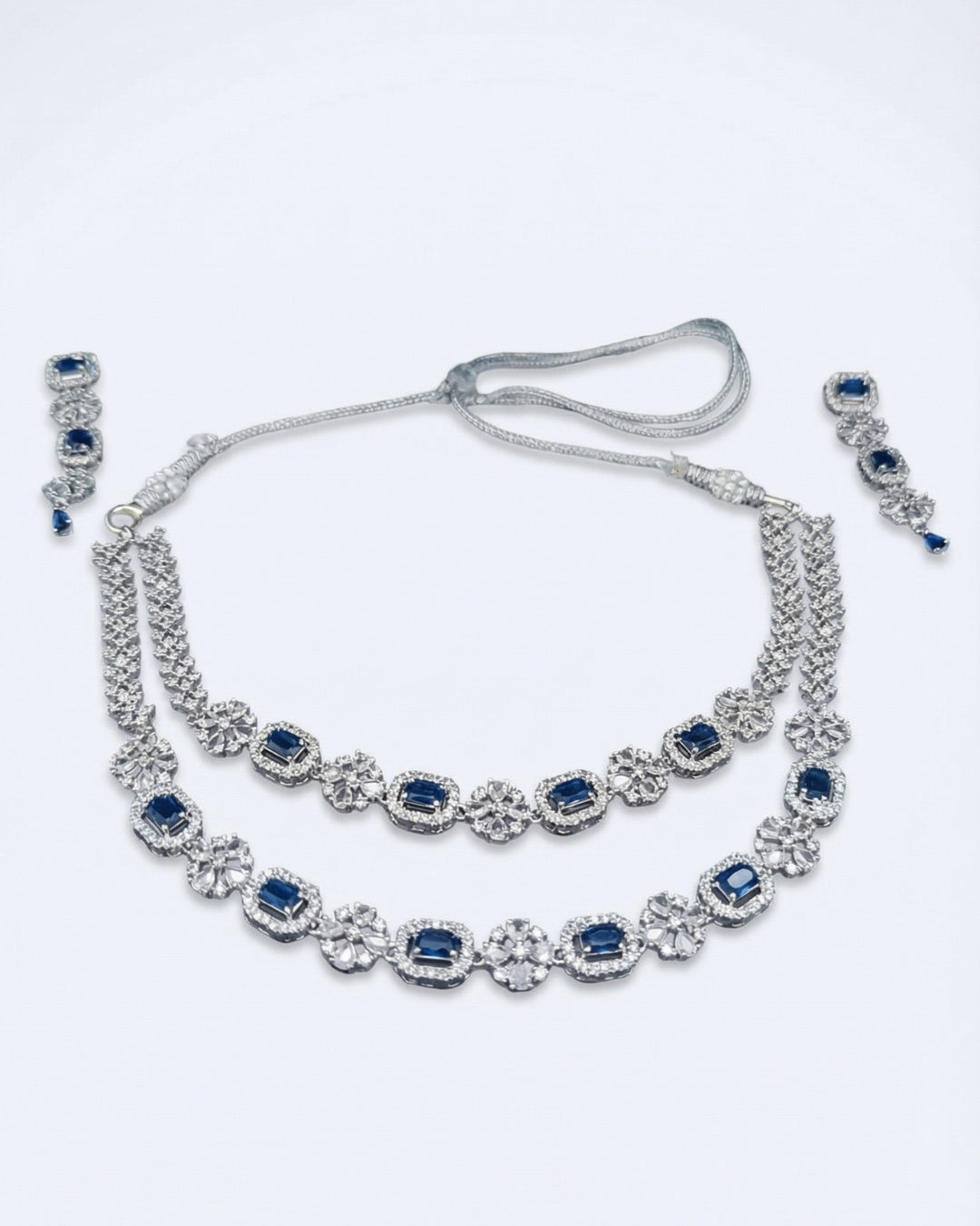 Luxury Blue Sapphire Rhodium Plated 2 Layer American Diamond Necklace with Earring | Premium Quality | American Diamond | Party wear | TE-ADNE-2212-004