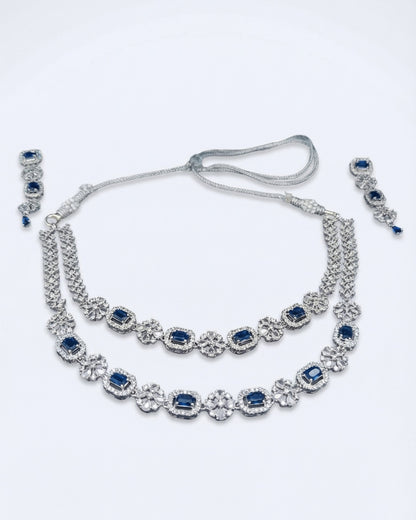Luxury Blue Sapphire Rhodium Plated 2 Layer American Diamond Necklace with Earring | Premium Quality | American Diamond | Party wear | TE-ADNE-2212-004