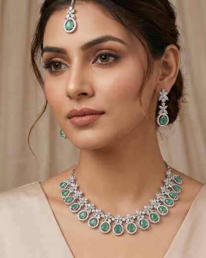 Mint Green Blossom American Diamond Necklace, Earrings and tikka Set | Premium Quality | American Diamond | Party wear