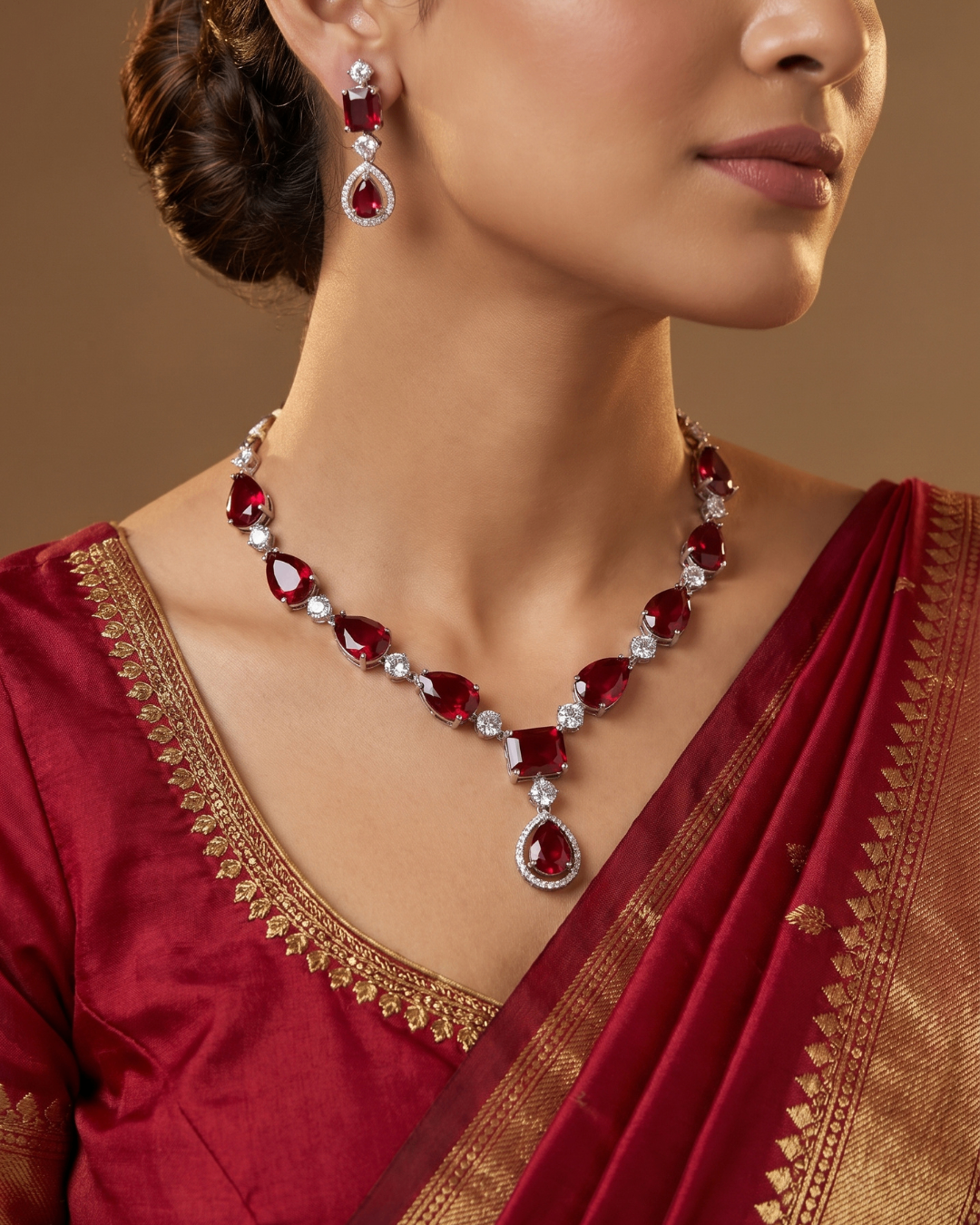 Ruby Red Teardrop Crystal Necklace Set with Earrings | Premium Quality | American Diamond | Party wear