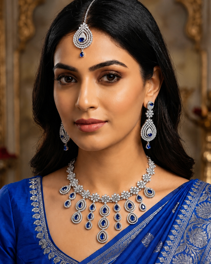 Royal Sapphire Bridal Necklace Set with Maang Tikka | Premium Quality | American Diamond | Party wear