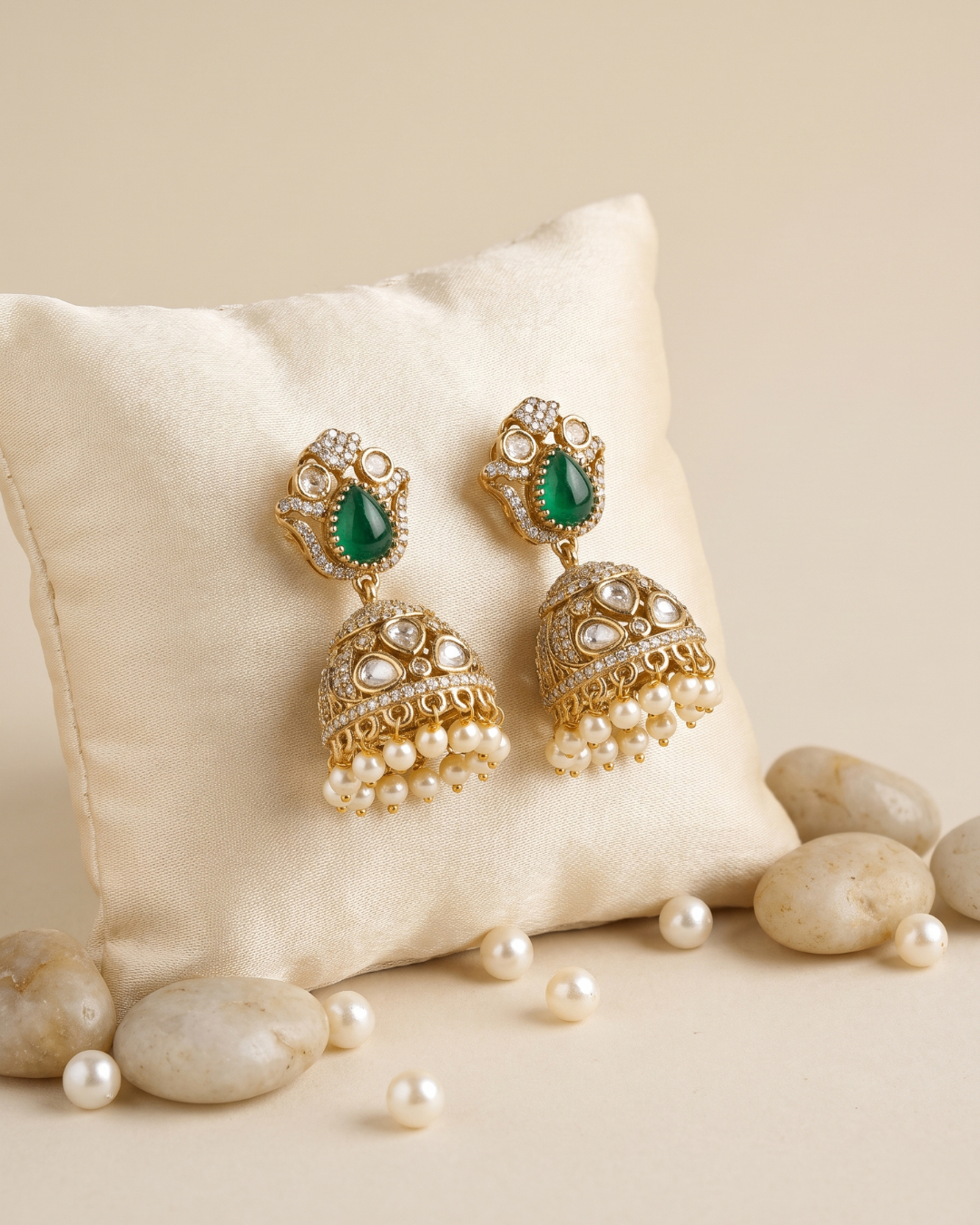 Premium Kundan Jhumka Earrings with Ruby Stone, CZ & Pearl Drops | Gold-Plated Ethnic Earrings