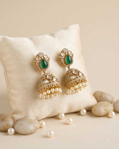 Premium Kundan Jhumka Earrings with Ruby Stone, CZ & Pearl Drops | Gold-Plated Ethnic Earrings