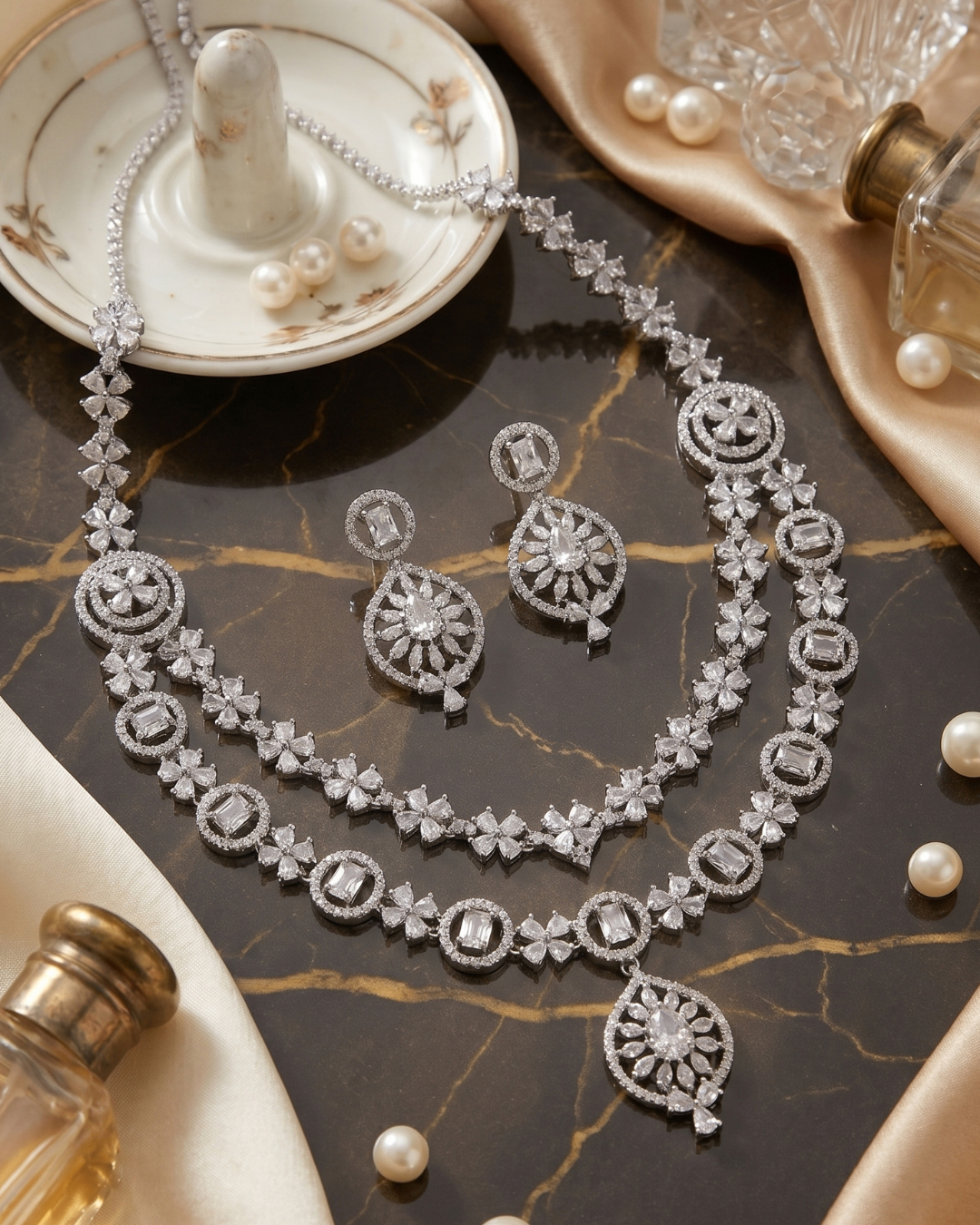 Celeste Double Layer AD Necklace & Earrings Set | Premium Quality | American Diamond | Party wear