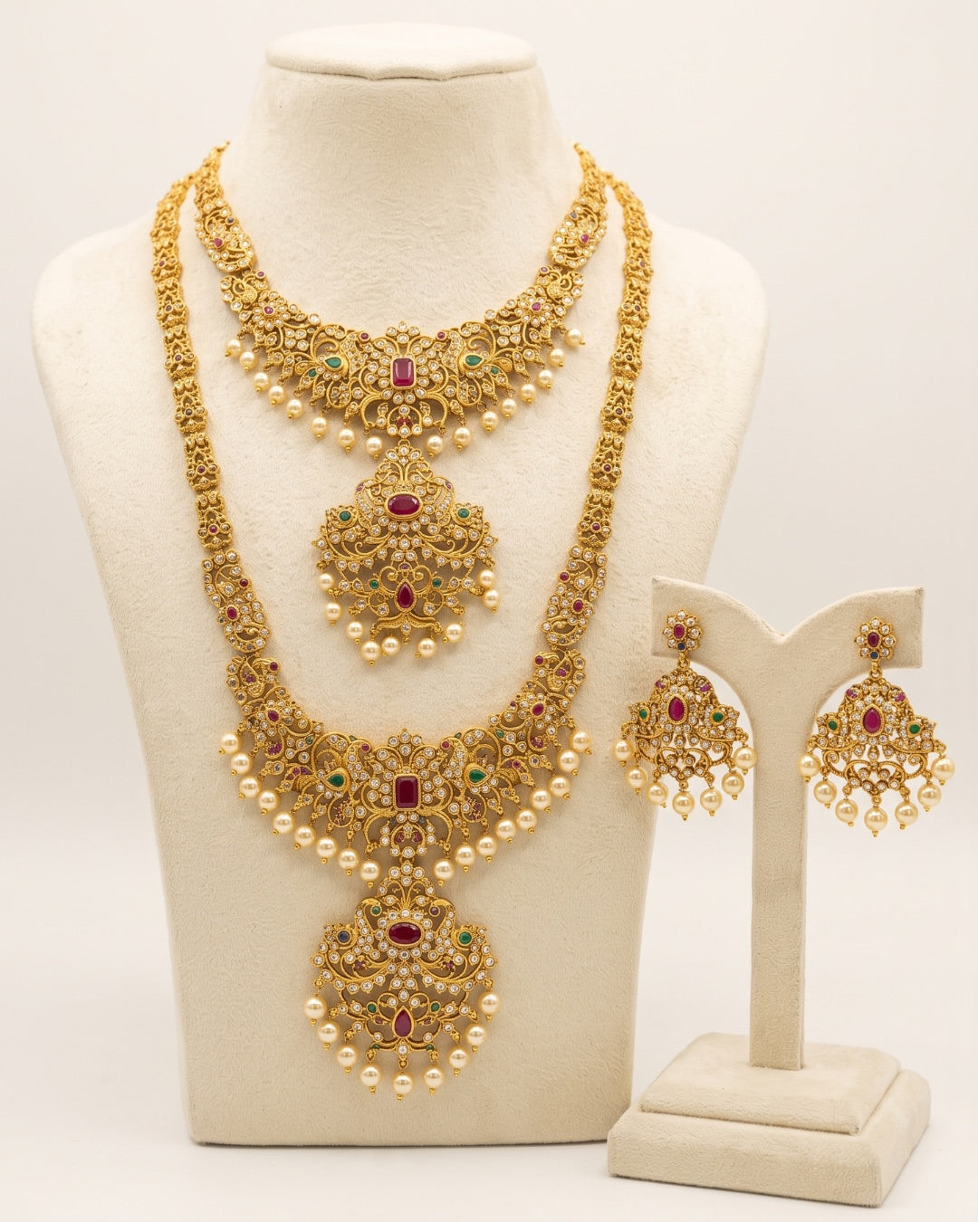 Royal Gold-Tone Bridal Long & Short Haram Necklace Set with Ruby, Green Stones & Pearl Drops