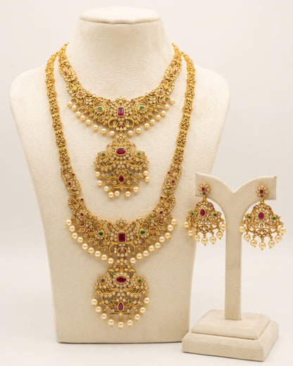 Royal Gold-Tone Bridal Long & Short Haram Necklace Set with Ruby, Green Stones & Pearl Drops