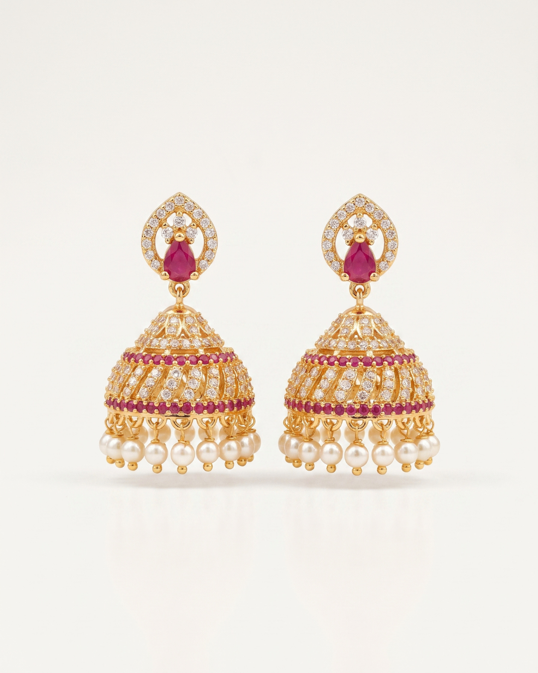 Premium Ruby Stone & Pearl Jhumka Earrings
