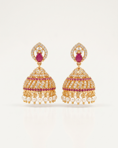 Premium Ruby Stone & Pearl Jhumka Earrings