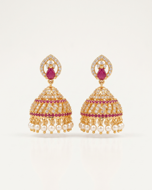 Premium Ruby Stone & Pearl Jhumka Earrings