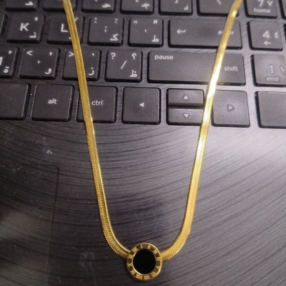 Round Roman Numeral Black Enamel Necklace | Stainless Steel Gold Plated | Anti-tarnish Necklace | Daily wear | TE-GPC-0511-009