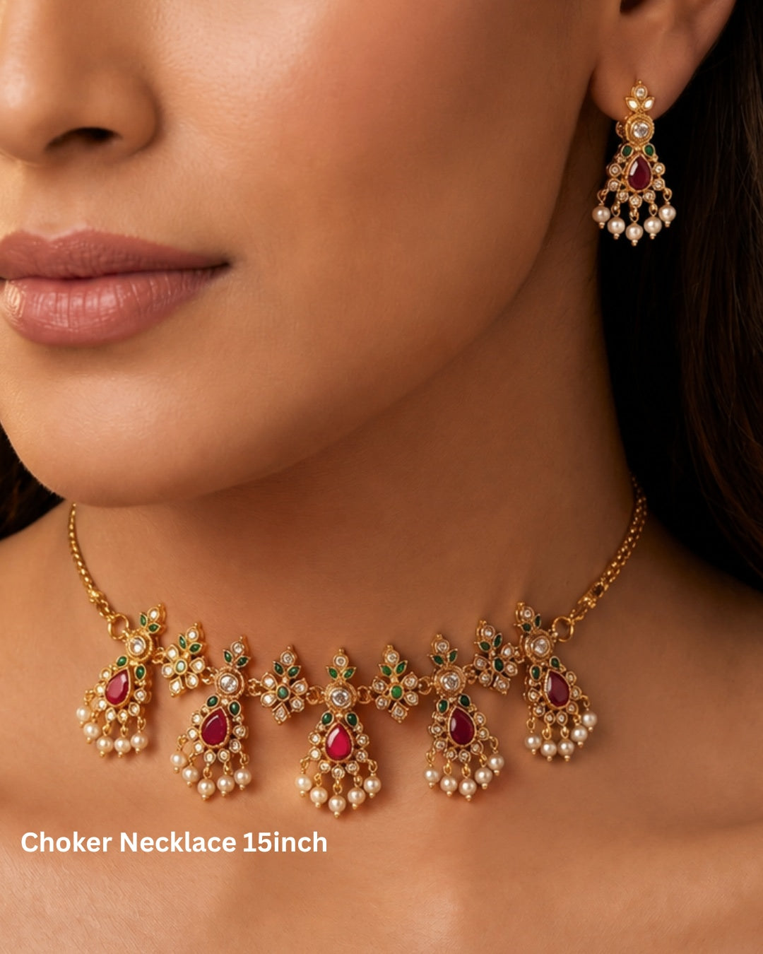 Luxury Gold-Tone Ruby & Green Stone CZ Choker Necklace Set with Pearl Drop Earrings