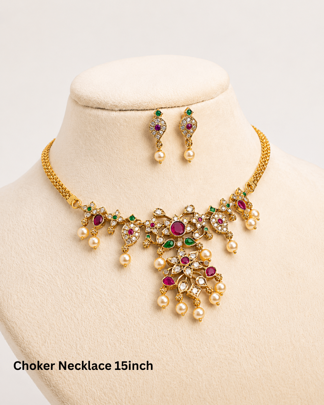 Elegant Gold-Tone CZ Choker Necklace Set with Ruby, Green Stones & Pearl Drops