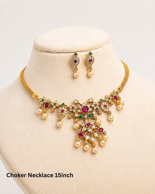 Elegant Gold-Tone CZ Choker Necklace Set with Ruby, Green Stones & Pearl Drops