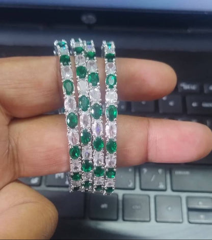 Rhodium Plated Emerald Green Cubic Zirconia Stones Bangle Set of 4 | American Diamond