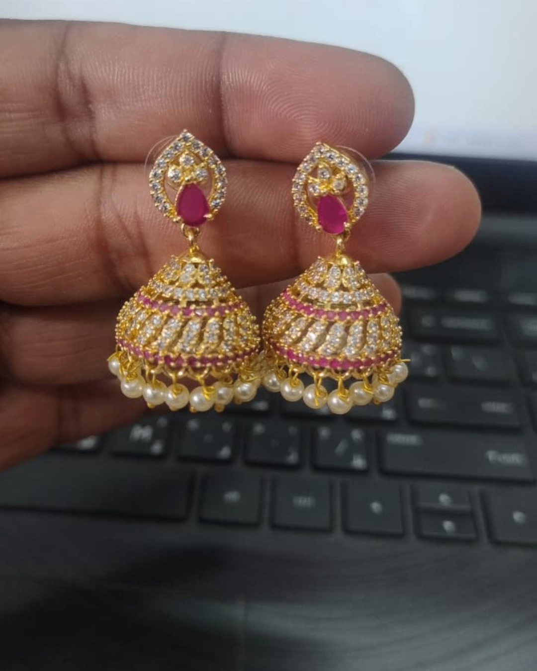 Premium Ruby Stone & Pearl Jhumka Earrings