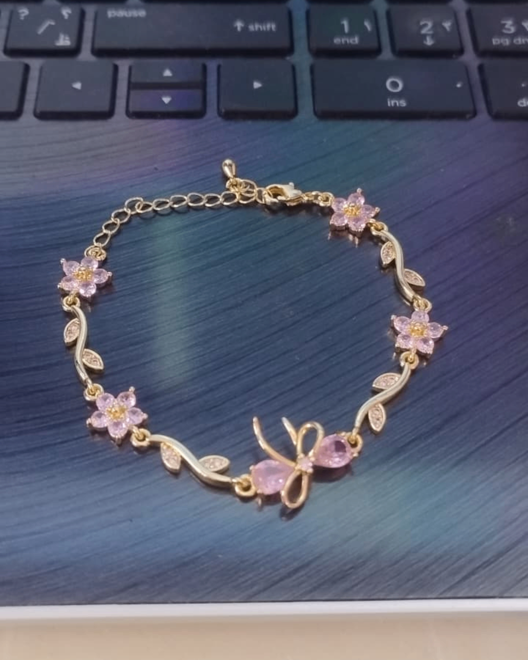 Gold Plated Pink Floral Stone Bracelet with Leaf Design | Premium Quality | Cubic Zirconia