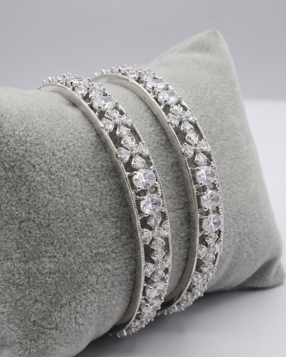 Rhodium Plated Oval and Flower White Stone Designer Silver Bangles(Set of 2) | Premium Quality | American Diamond | Party wear