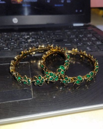 Emerald Green Bloom Floral Bangles (Set of 2) | Premium Quality | American Diamond | Party wear