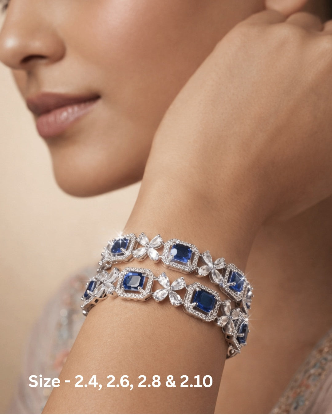 Rhodium Plated Sapphire blue Color Rectangle and Flower Zircon Stone Bangle (Set of 2) | Premium Quality | American Diamond | Party wear | TE-ADB-2212-011