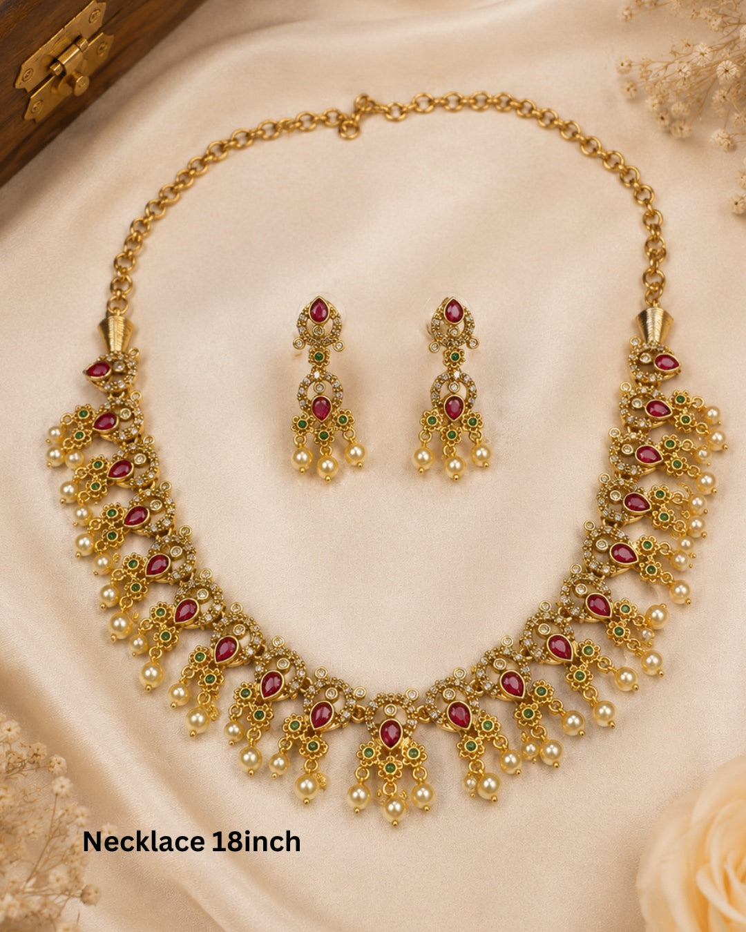 Royal Ruby & Emerald Floral Statement Necklace Set with Pearl Drops