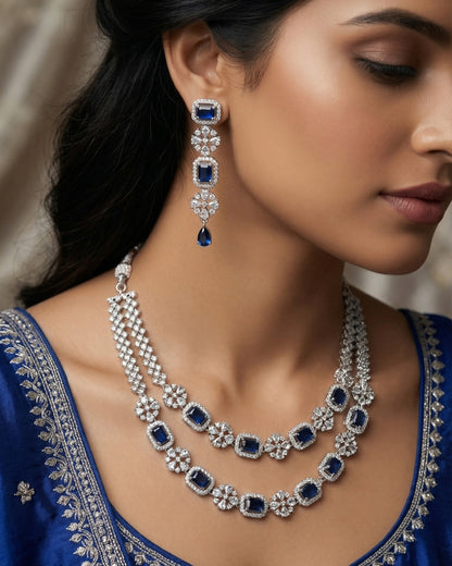 Luxury Blue Sapphire Rhodium Plated 2 Layer American Diamond Necklace with Earring | Premium Quality | American Diamond | Party wear | TE-ADNE-2212-004