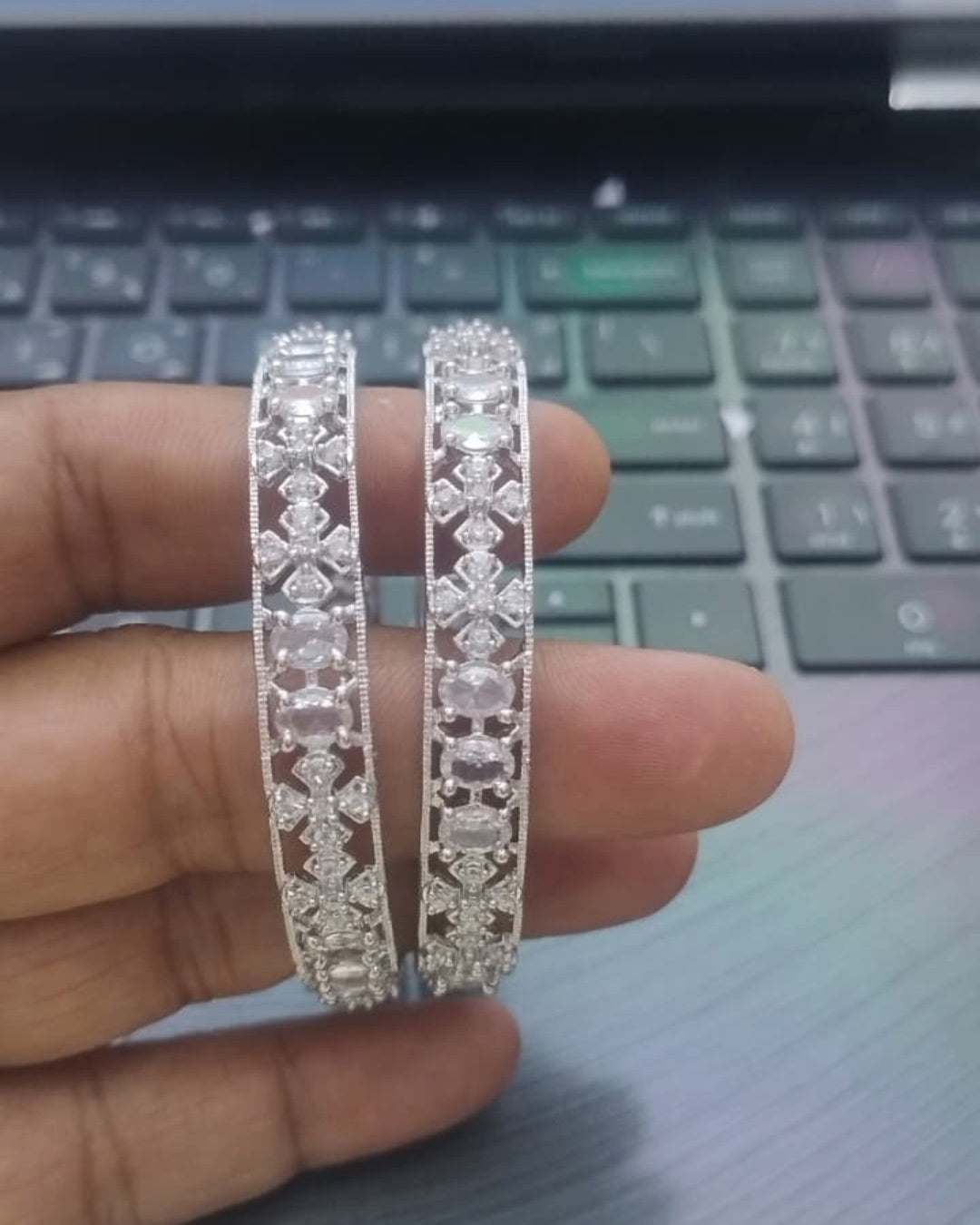 Rhodium Plated Oval and Flower White Stone Designer Silver Bangles(Set of 2) | Premium Quality | American Diamond | Party wear