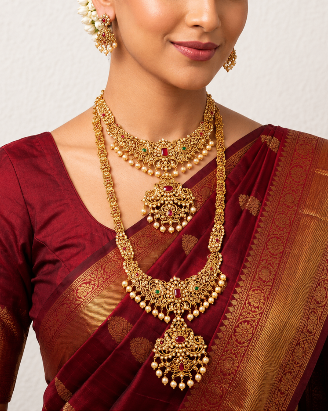 Royal Gold-Tone Bridal Long & Short Haram Necklace Set with Ruby, Green Stones & Pearl Drops