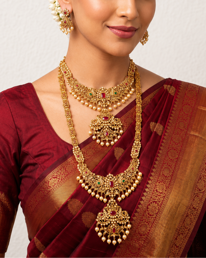Royal Gold-Tone Bridal Long & Short Haram Necklace Set with Ruby, Green Stones & Pearl Drops