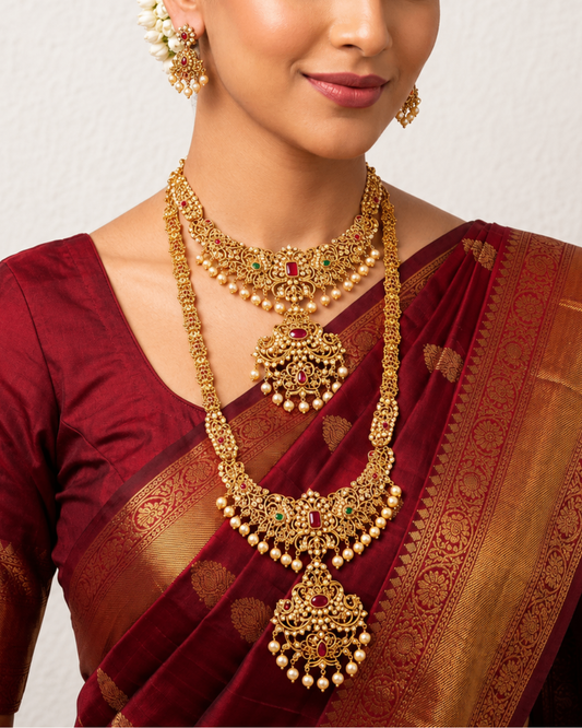 Royal Gold-Tone Bridal Long & Short Haram Necklace Set with Ruby, Green Stones & Pearl Drops
