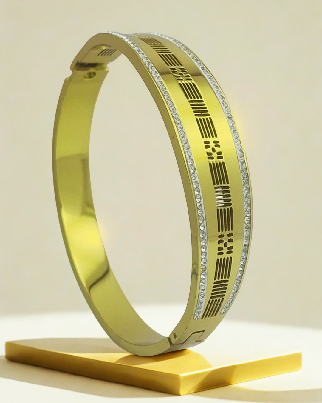 Elegant Gold Kada Bracelet with Stone Border & Laser Cut Design | Stainless Steel Gold Plated | Women Anti-tarnish bracelet | Kada Bracelet | TE/GPK/2511/009