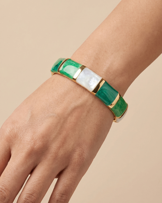 Emerald Green & Ivory Enamel Gold-Tone Elegant Bangle | Openable