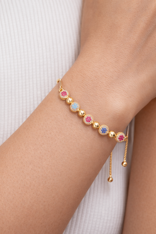 Multicolor Cubic Zirconia Stone Charm Adjustable Gold Bracelet