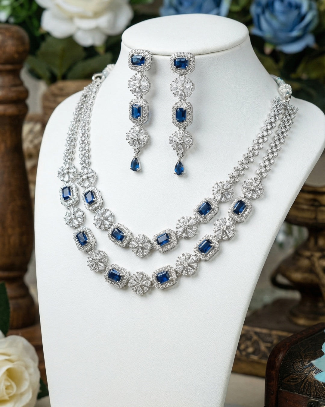 Luxury Blue Sapphire Rhodium Plated 2 Layer American Diamond Necklace with Earring | Premium Quality | American Diamond | Party wear | TE-ADNE-2212-004