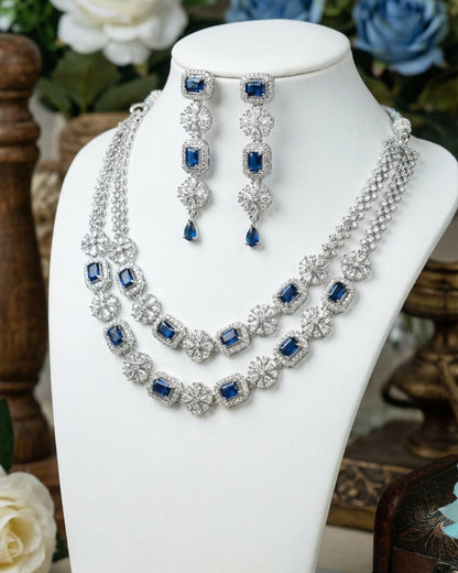 Luxury Blue Sapphire Rhodium Plated 2 Layer American Diamond Necklace with Earring | Premium Quality | American Diamond | Party wear | TE-ADNE-2212-004