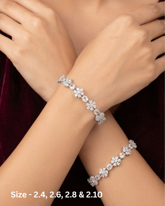 Rhodium Plated White Color Circle and Flower Zircon Stone Bangle (Set of 2) | Premium Quality | American Diamond | Party wear | TE-ADB-2212-008