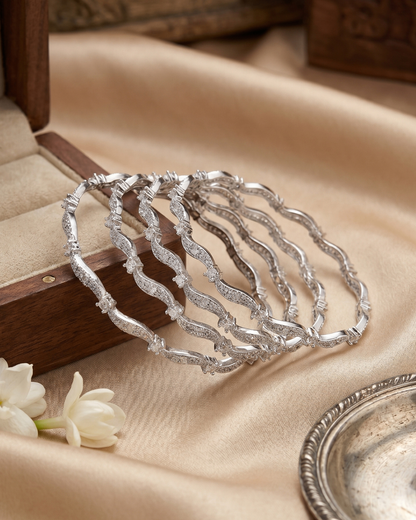 Elegant Rhodium Plated Wave Zircon Designer Bangles Set of 4 | Premium Quality | CZ stone Bangles | American Diamond