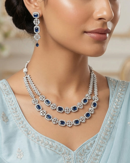 Luxury Blue Sapphire Rhodium Plated 2 Layer American Diamond Necklace with Earring | Premium Quality | American Diamond | Party wear | TE-ADNE-2212-004