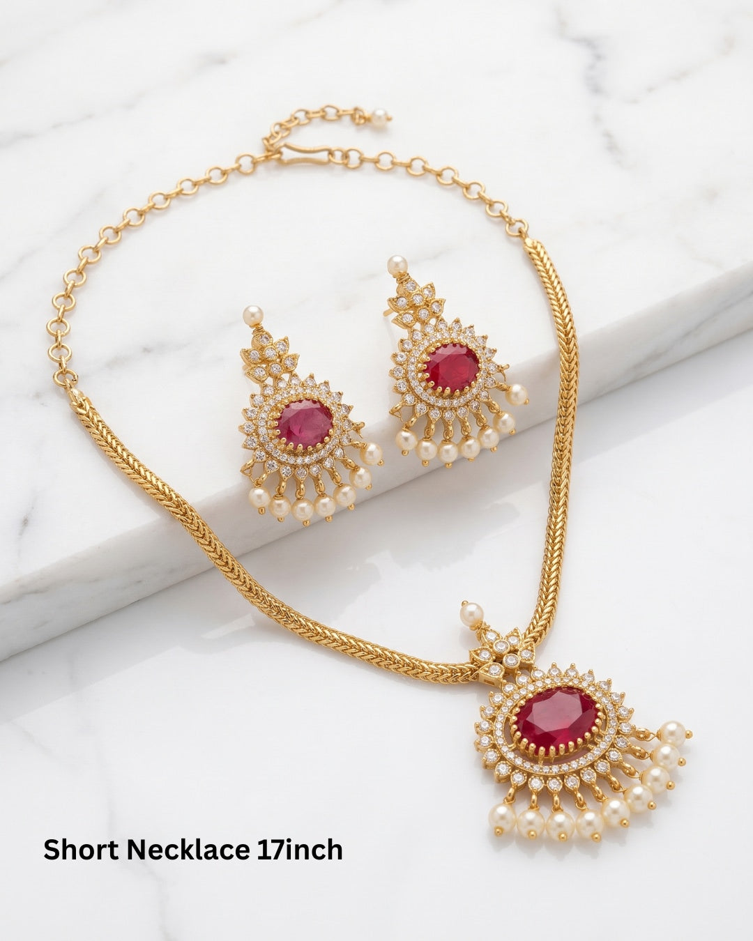 Elegant Gold-Tone Ruby Stone Pendant Necklace Set with Pearl Drop Earrings