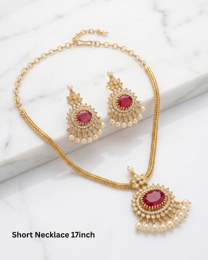 Elegant Gold-Tone Ruby Stone Pendant Necklace Set with Pearl Drop Earrings