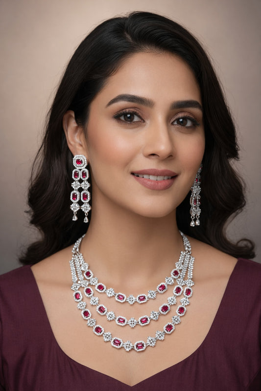 Rhodium Plated 3 Layer Ruby American Diamond Necklace with Earring | Premium Quality | American Diamond | Party wear | TE-ADNE-2212-001