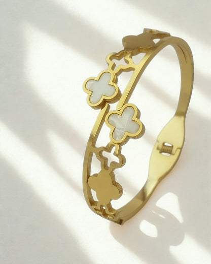 Elegant White Clover Bracelet | Stainless Steel Gold Plated | Women Anti-tarnish bracelet | Kada Bracelet | TE/GPK/2511/008