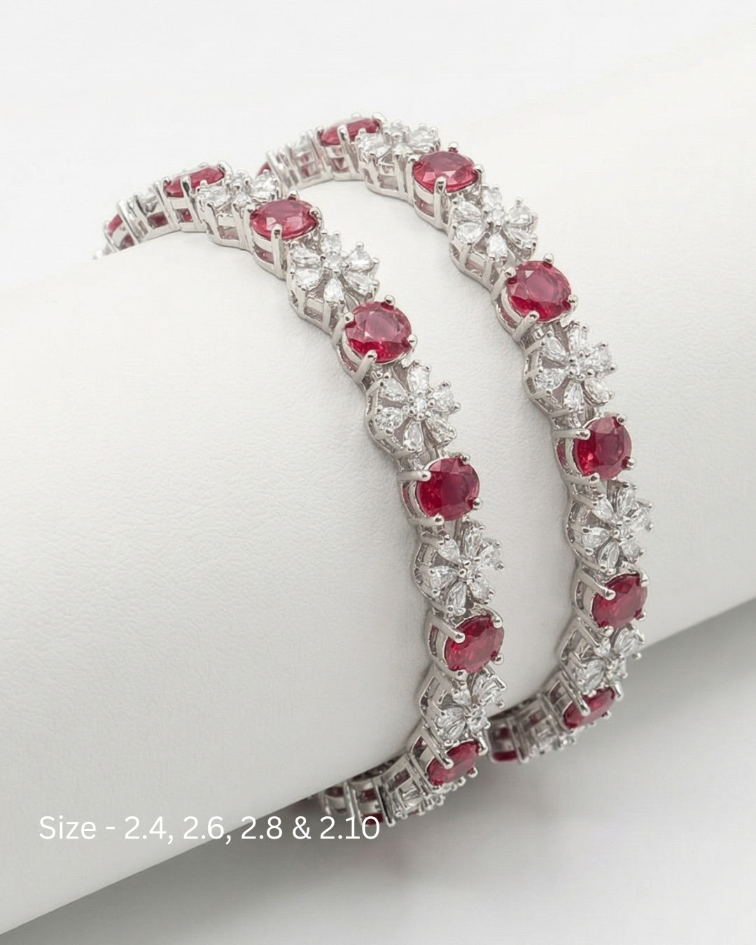 Rhodium Plated Ruby Red Circle and Flower Zircon Stone Bangle (Set of 2) | Premium Quality | American Diamond | Party wear | TE-ADB-2212-005