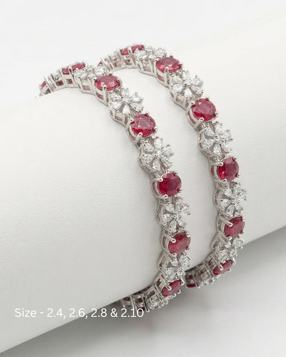 Rhodium Plated Ruby Red Circle and Flower Zircon Stone Bangle (Set of 2) | Premium Quality | American Diamond | Party wear | TE-ADB-2212-005